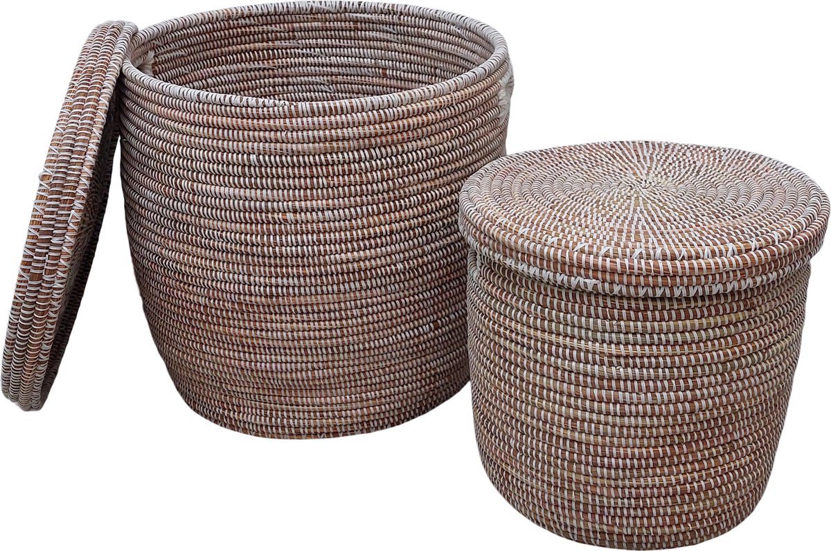 Mand met deksel - wit - Handmade - gerecycleerd - Pvc -wit -Smal