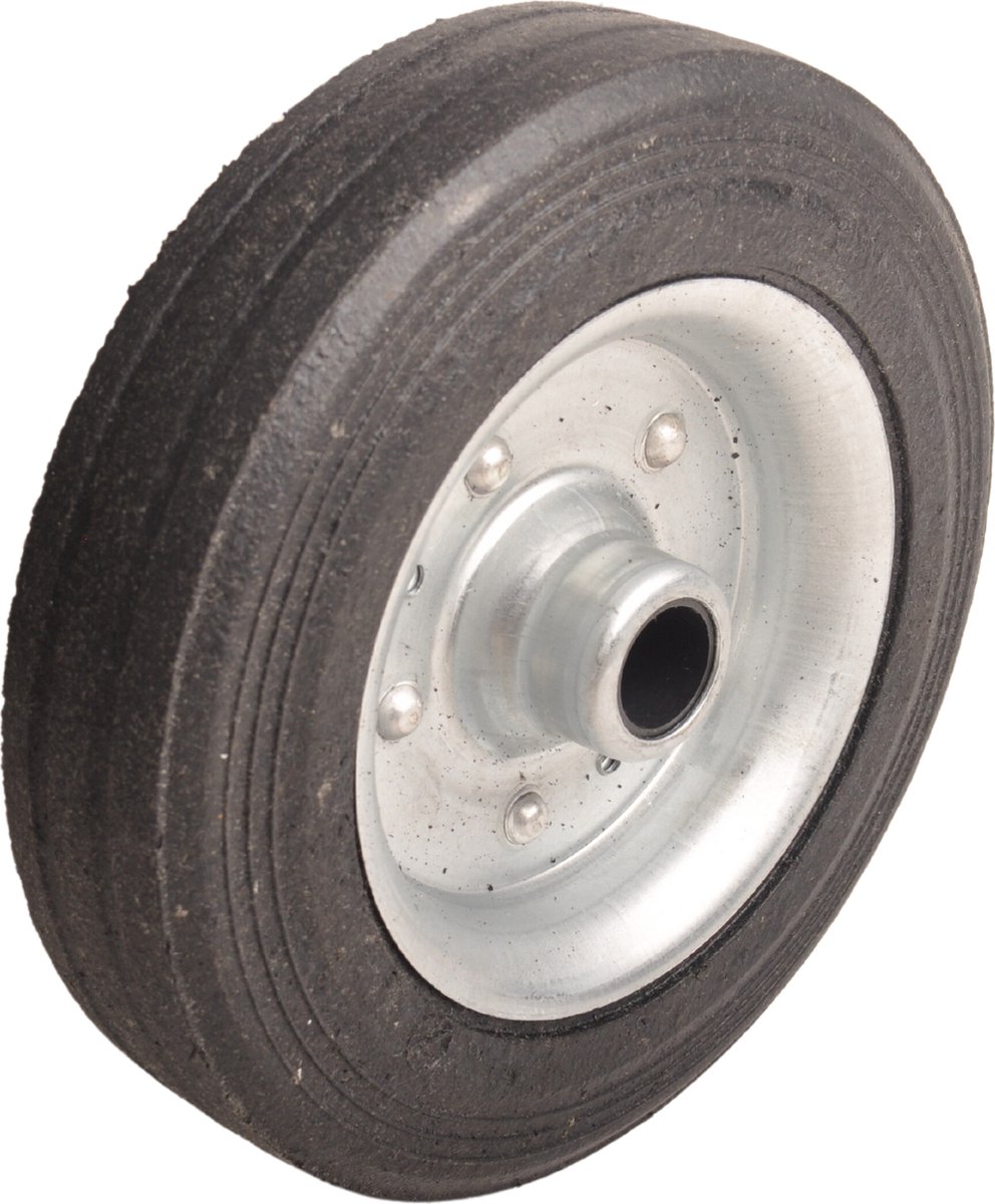 Losse stalen velg met Hard rubberen wiel 200 x 50. Past op neuswiel met buis van 48mm doorsnee.