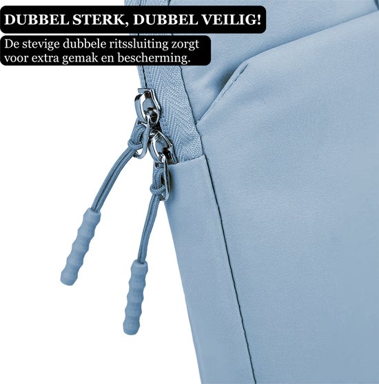 Fermeture d'une sacoche d'ordinateur portable bleu clair avec double fermeture éclair et tirettes grises.
