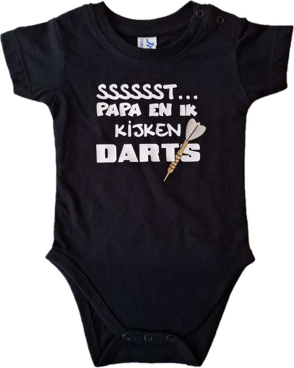 Zwarte romper met "Sssssst... Papa en ik kijken darts" - 9 maanden - vaderdag, cadeautje, kraamcadeau, grappig, geschenk, baby, tekst