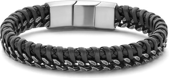 Zwarte leren schakelarmband met stalen details en magneetsluiting.