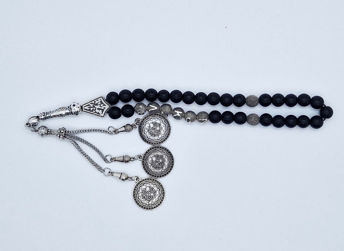 Handgemaakte naam tasbih 33 Kralen Natuursteen “Mat zwart onyx” - met metaal tassel “Masha' allah"- Met je naam of de naam van uw geliefde- 8 mm diameter van de korrel
