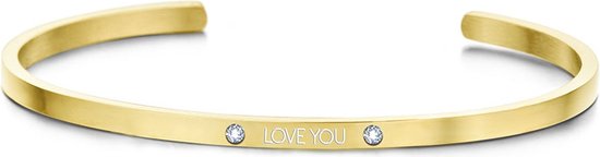 Key Moments 8KM-B00466 - Stalen open bangle met tekst - * love you* - zirkonia - Cadeau voor haar - one-size - goudkleurig