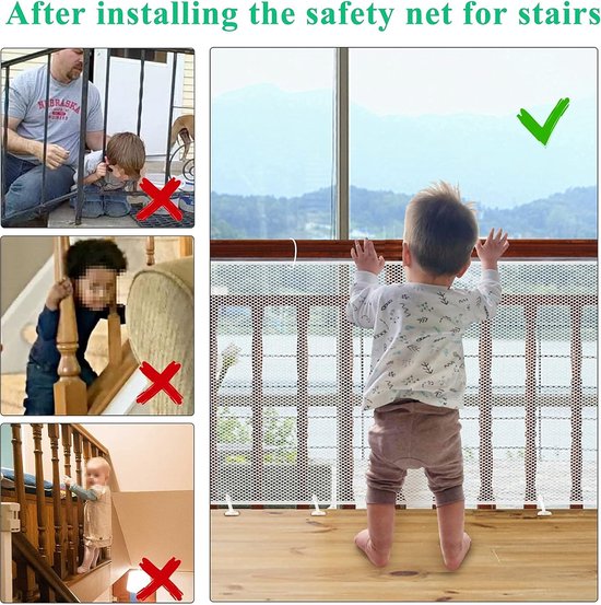 Collage: "voordat" kinderen buiten spelen en op de trap, "na" een kind bij een raam met veiligheidsnet. "After installing the safety net for stairs".