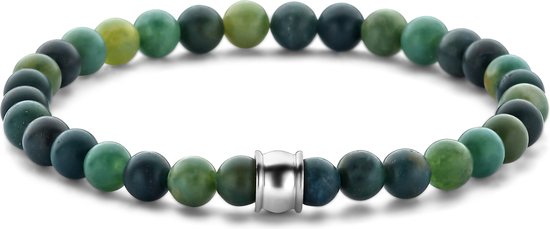Armband met mosagaat kralen in diverse groene tinten en een zilverkleurige sluiting.