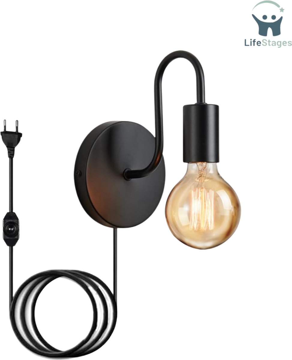 Olucia - Industriële wandlamp zwart, Lieve, met schakelaar Olucia - Industriële wandlamp zwart, Lieve, met schakelaar