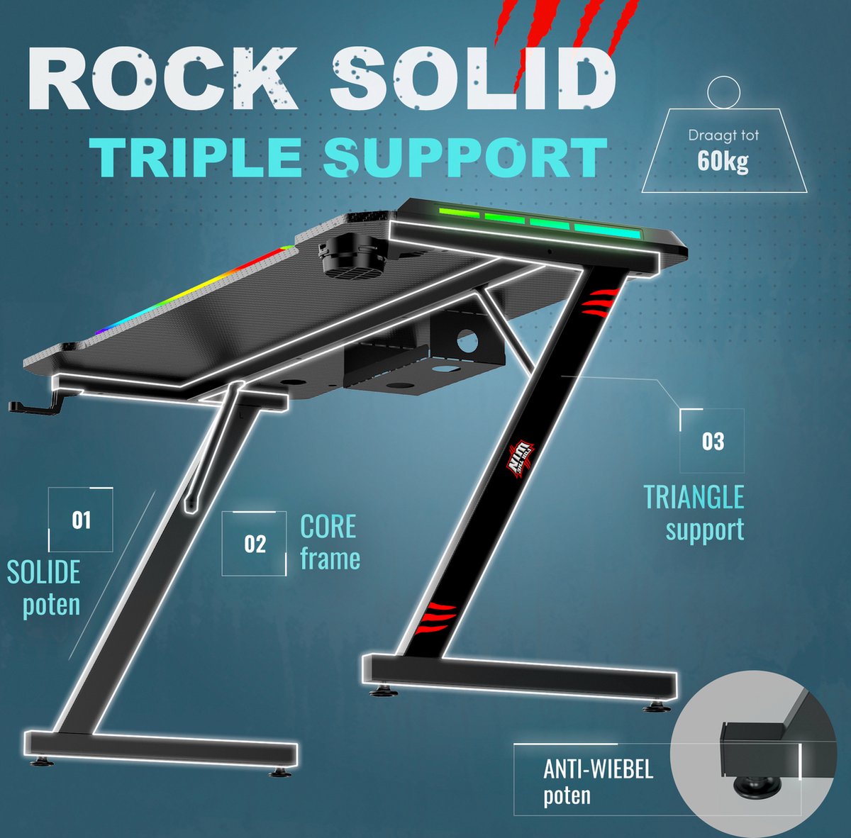 For The Win Gaming Bureau met LED Verlichting - 140x74x60 cm - Game Bureau - Incl. RGB Muismat - Gaming Desk - Computer Tafel - Gaming Tafel