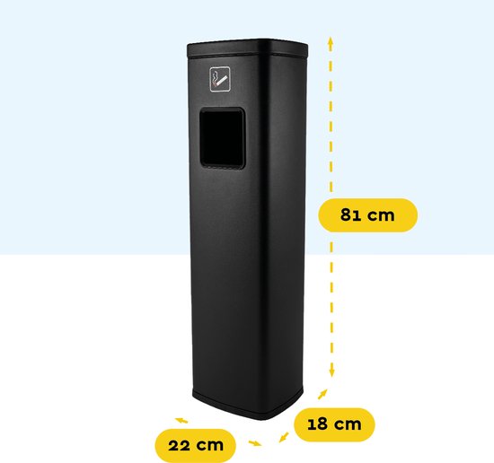 Afmetingen van de zwarte staande asbak: 81 cm hoog, 18 cm breed en 22 cm diep.