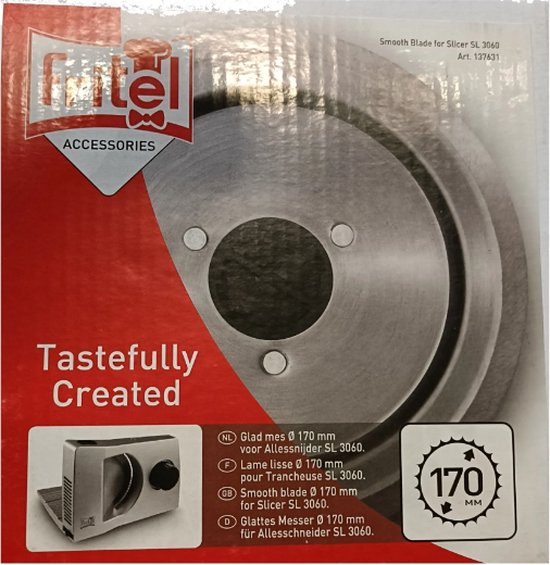 Fritel glad mes van 170 mm voor snijmachine SL 3060, verpakt in een rood-witte doos.