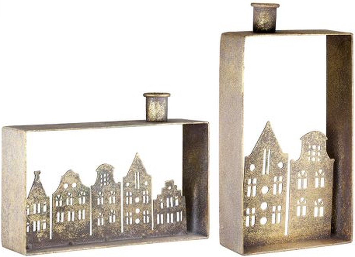 Kandelaar, rechthoekig, "huizenrij", huismotief, metaal, goudkleurig, set van 2