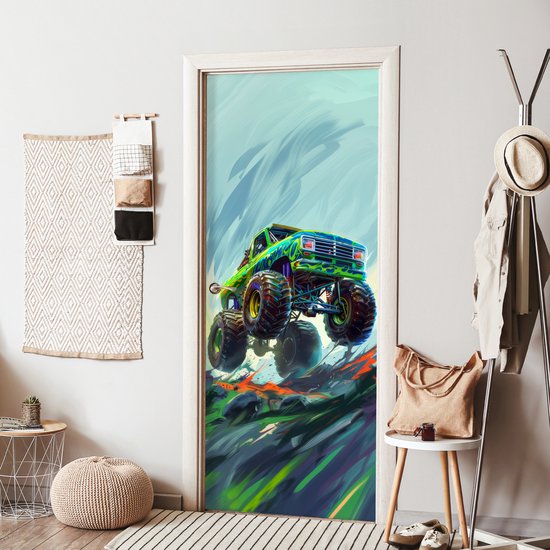 Poster porte 85x205 cm - Sticker porte Monster truck - Voiture - Garçons - Vert - Film meuble autocollant - Film porte chambre ado - Film intérieur chambre enfant - Film adhésif porte - Sticker papier peint porte - Décoration chambre ado