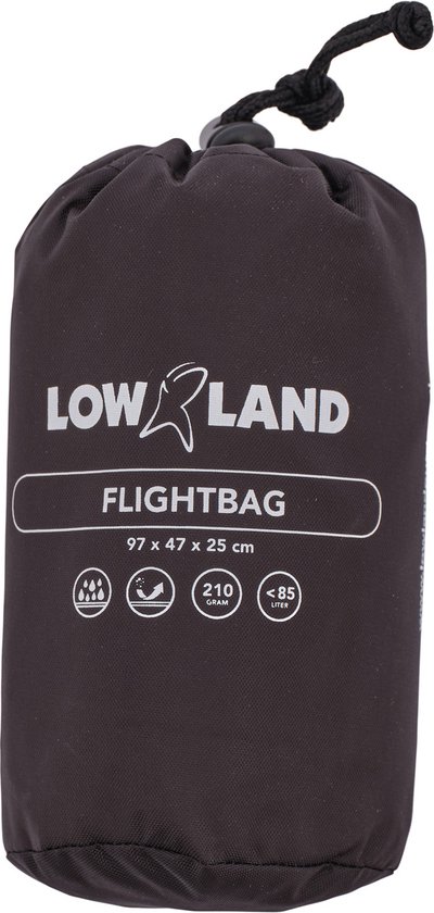 Compact opgevouwen zwarte flightbag met logo en afmetingen.