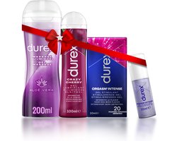 Durex - 2 Glijmiddelen en 1 Stimulerende gel - Voor Een Sensuele Aanraking - Waterbasis - Crazy Cherry met Smaak 100ml - Massage Aloe Vera 2 in 1 200ml - Orgasm Intense Stimulerende Glijmiddel 10ml - Cadeau voor man en vrouw