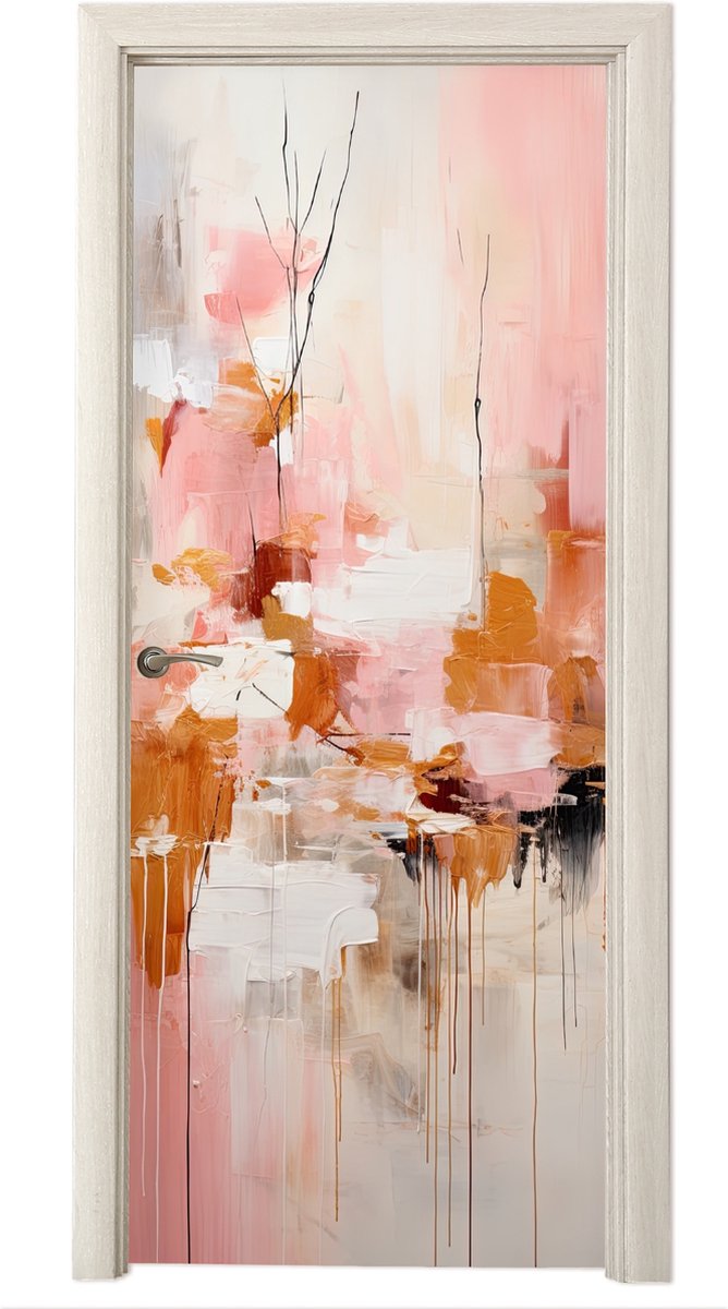 Deurposter 85x215 cm - Deursticker Verf - Roze - Oranje - Abstract - Kunst - Meubelfolie z