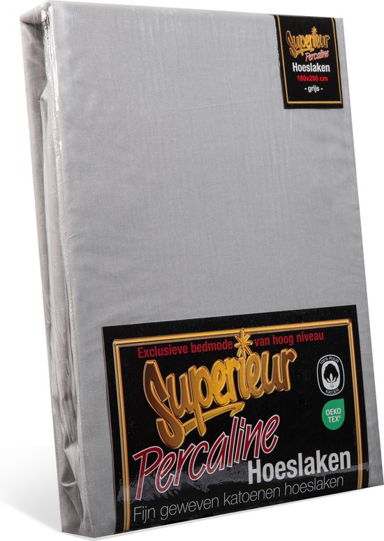 Verpakt grijs 'Superieur Percale' hoeslaken met etiket.