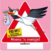 Een ooievaar met een baby in een wikkel, vliegend voor een roze driehoekig bord met 'PAS OP!! Ooievaars landingsgebied' en 'Hoera 'n meisje!' erop.