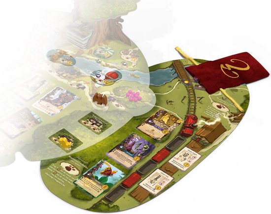 Bordspel Everdell Newleaf met trein, rivier, boswezens en kaartjes.