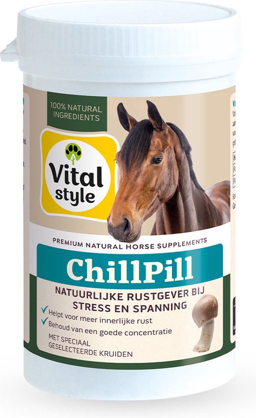 VITALstyle Chillpill - Paarden Supplement - Bij Stress En Spanning - Met o.a. Agaricus Blazei & Calcium - 200 stuks VITALstyle Chillpill - Paarden Supplement - Bij Stress En Spanning - Met o.a. Agaricus Blazei & Calcium - 200 stuks