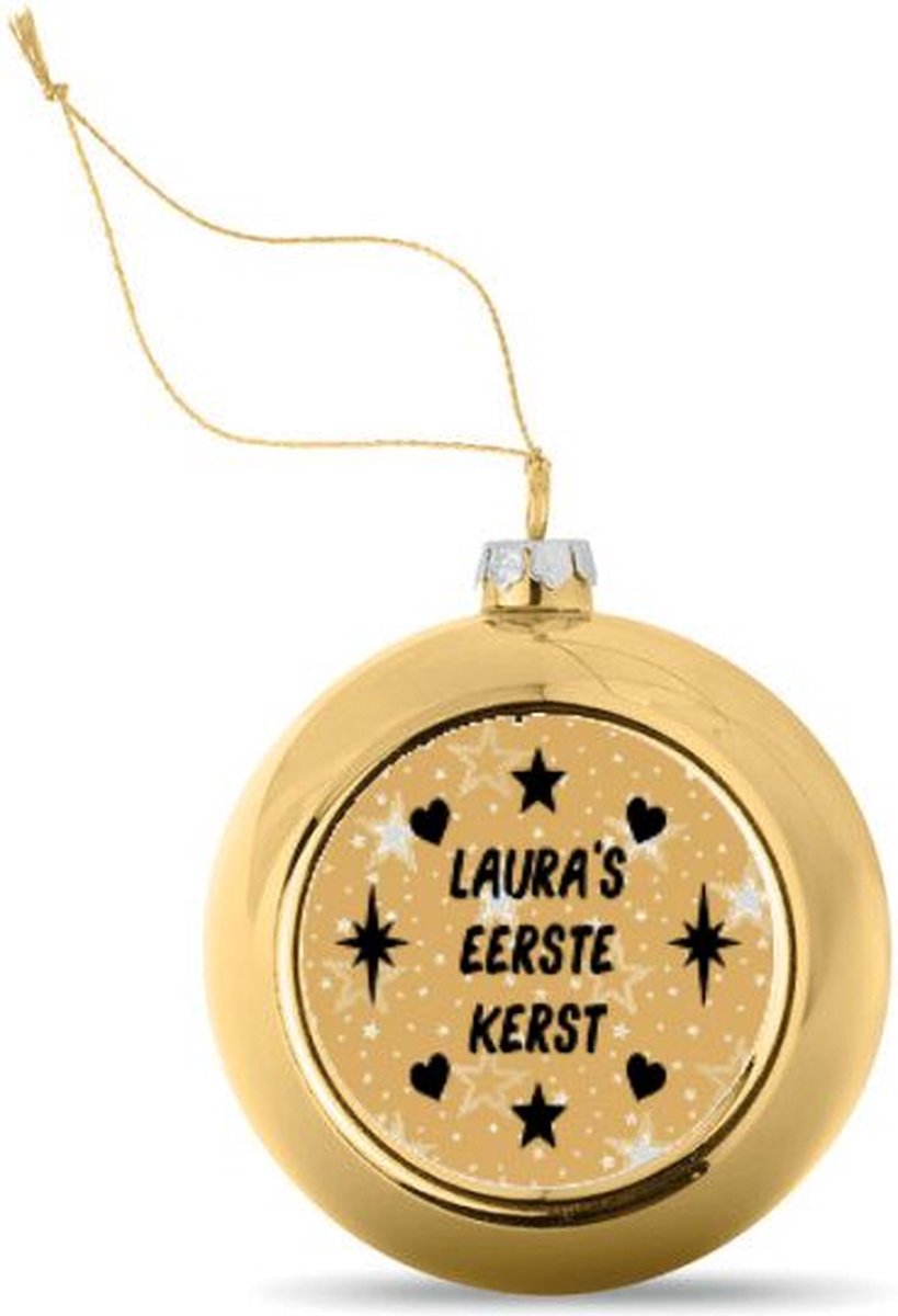 Kerstbal Goudkleurig Sterrenachtergrond Gepersonaliseerd met de Tekst "Naam + eerste Kerst" - Stuur e-mail: zie beschrijving - 8 cm Ø - Afbeelding 5 cm Ø Let op: ** zie beschrijving
