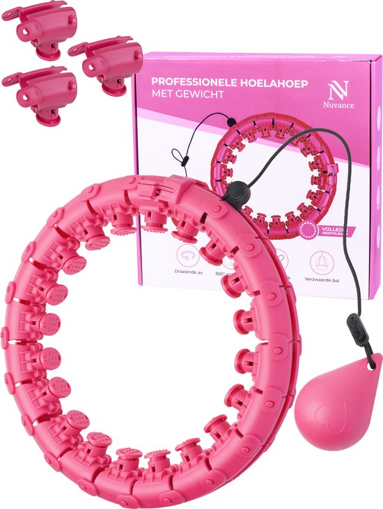 Nuvance - Verstelbare Fitness Hoelahoep met Gewicht - voor Volwassenen en Kinderen - Weighted Hula Hoop - Smart Hoepel - Incl. eBook - Roze