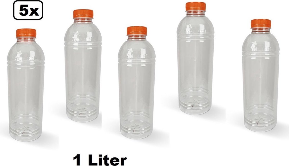 5x Flesje PET 1000cc met oranje dop- vernieuwd 25cm hoog - gerecycled PET drinken jus sinas cola sappen dranken