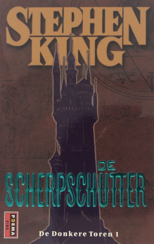 Boek "De Scherpschutter" van Stephen King, deel 1 van De Donkere Toren, met een kasteel.
