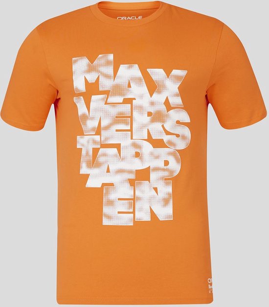 Oranje T-shirt met witte opdruk 'MAX VERSTAPPEN'. Oracle en Red Bull Racing logo's zichtbaar.