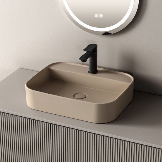 EMKE Vasque à poser - Céramique - Beige Mat - 50x40x11 cm - Lavabo de Salle de Bain