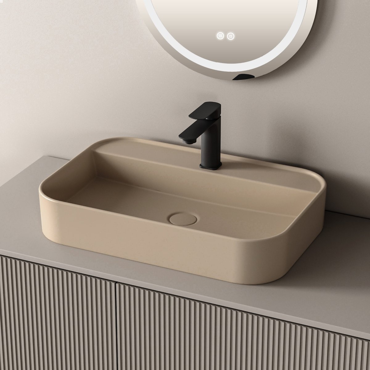 EMKE Opzetwastafel - Keramiek - Mat Beige - 60x40x11 cm - Badkamer Wasbak
