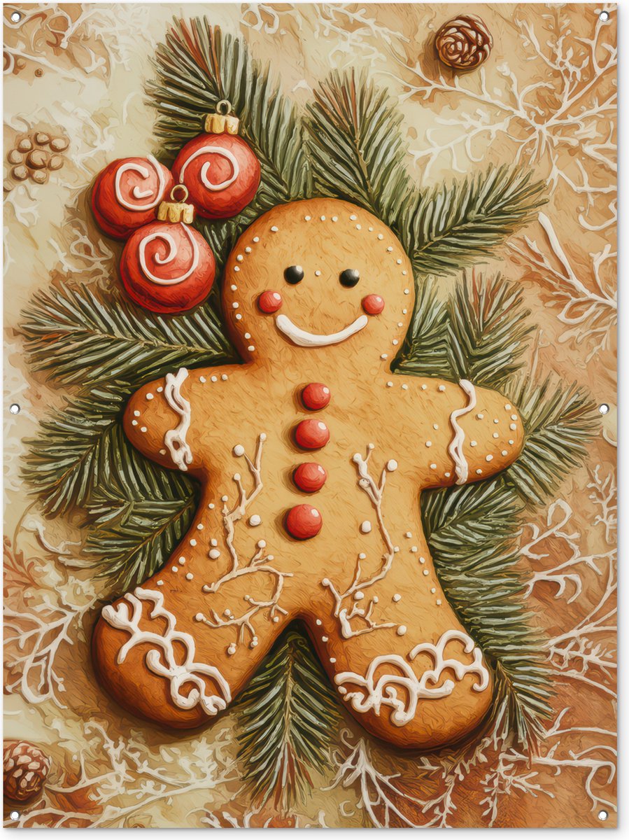 Tuinposter 120x160 cm - Tuindecoratie Kerstmis - Koekje - Poppetje - Speculaas - Poster voor in de tuin - Buiten decoratie - Schutting tuinschilderij - Tuindoek muurdecoratie - Wanddecoratie balkondoek
