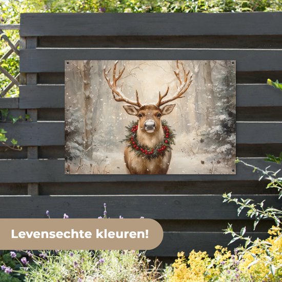 Affiche de jardin 120x80 cm - Décoration de jardin Noël - Renne - Hiver - Couronne - Affiche pour le jardin - Décoration extérieure - Tableau de jardin clôture - Décoration murale sur toile de jardin - Décoration murale sur toile de balcon