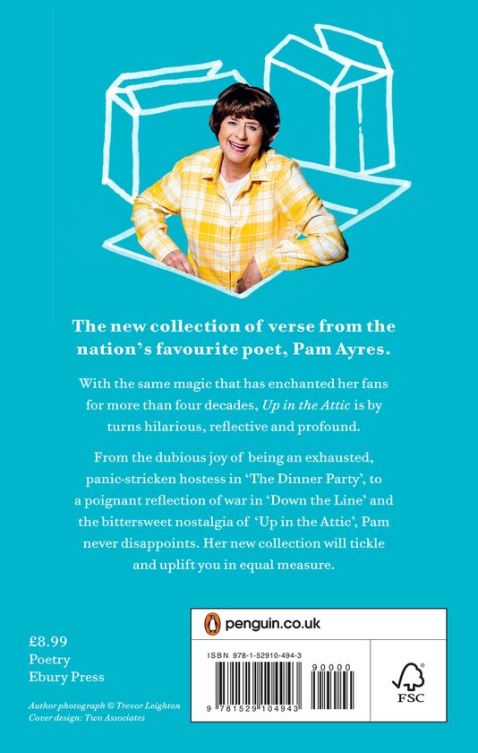 Pam Ayres met een gele geruite blouse, tegen een blauwe achtergrond met een schets van een huisje.