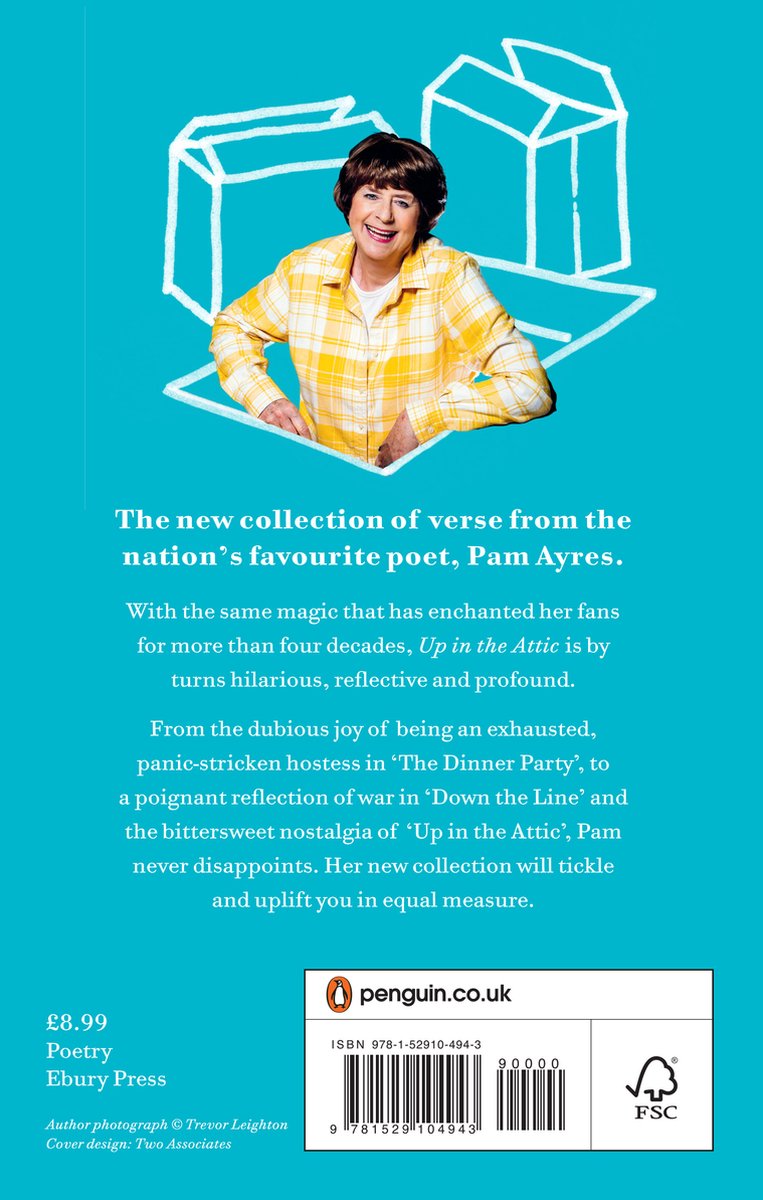 Pam Ayres met een gele geruite blouse, tegen een blauwe achtergrond met een schets van een huisje.