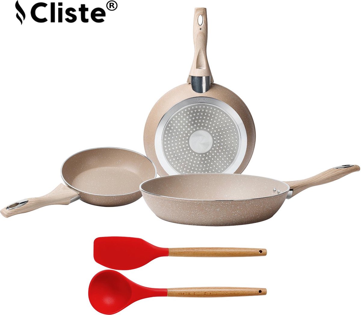 Cliste Koekenpan Inductie Set - 3 Delig Koekenpannenset Ø 20/24/28 cm met gratis 2 spetals - Pannenset Voor Alle Warmtebronnen - Antiaanbaklaag en Keramisch Coating - Braadpannenset Met Koudgrepen - Beige