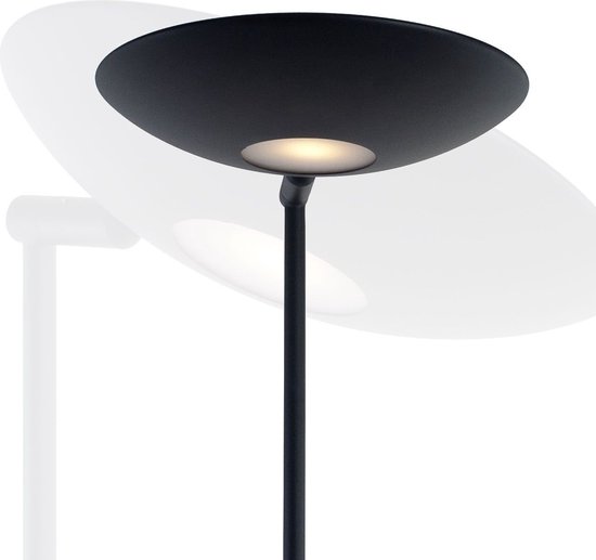 Lampadaire noir avec abat-jour rond, en gros plan.