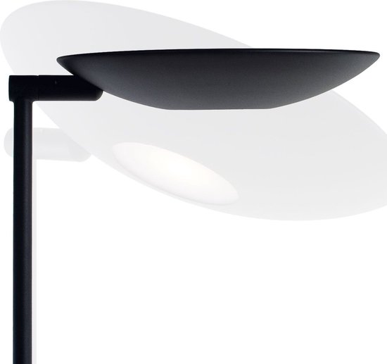 Lampadaire noir avec un abat-jour rond en forme de disque, en gros plan.