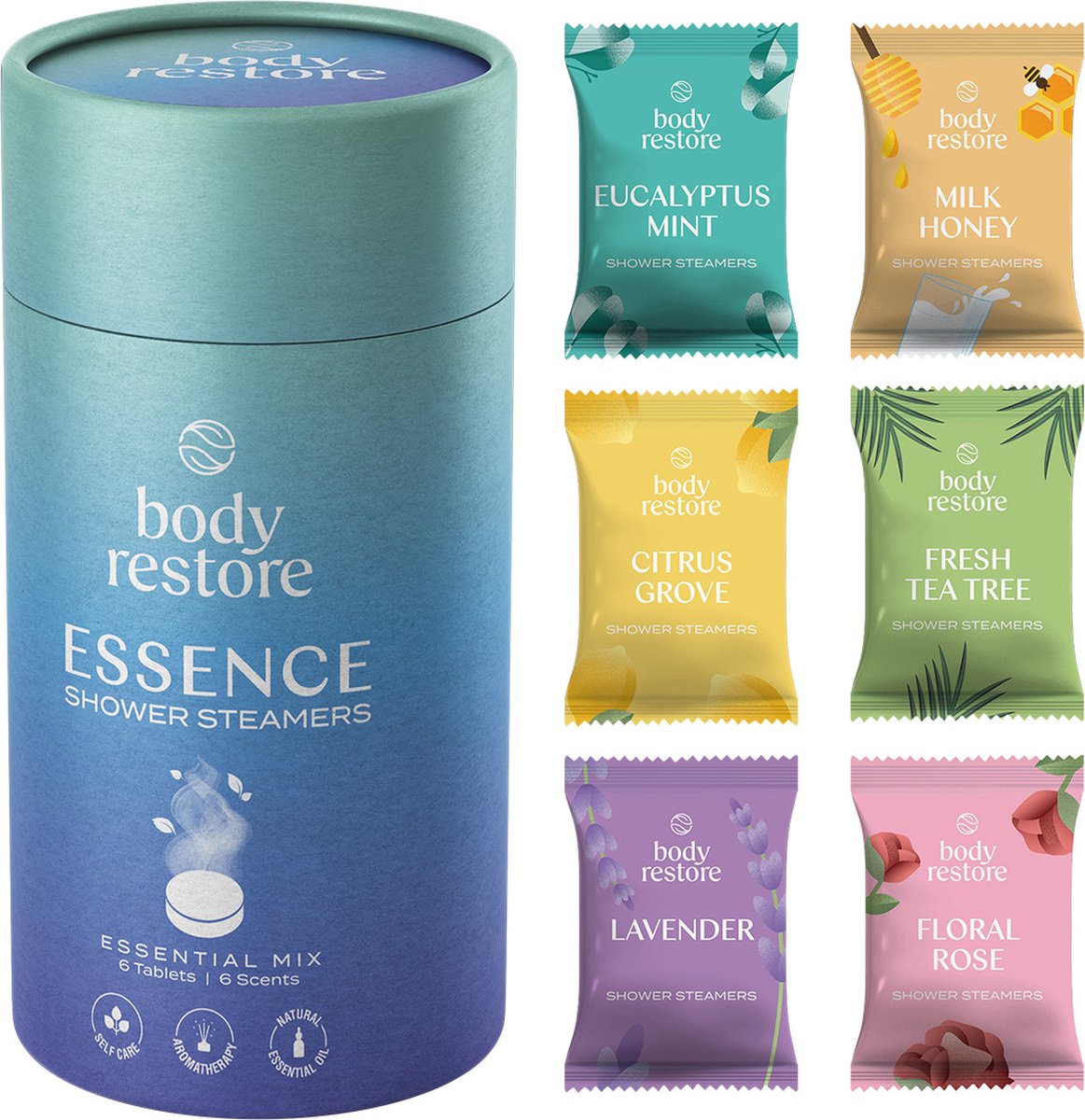 Goedkoopste Body Restore Showersteamers Essence Variety Mix - Luxe Cadeaupakket (6 stuks) - Ideaal Geschenk voor Feestdagen, Verjaardagen & Moederdag