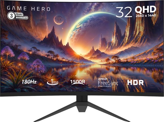 GAME HERO® 32 inch Curved QHD VA Gaming Monitor - 180hz - 1ms