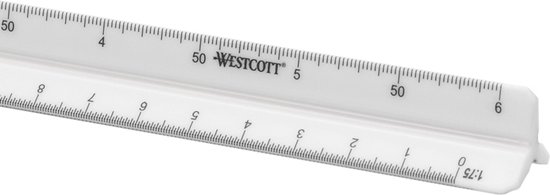 Witte Westcott schaalstok met duidelijke markeringen en cijfers, waaronder "WESTCOTT 5" en schalen zoals 1:50.