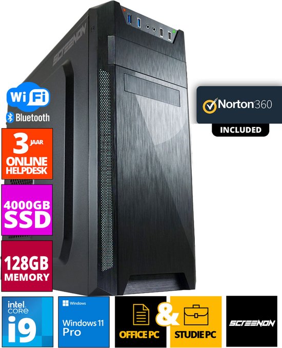 ScreenON - Allround Office PC - Intel Core i9 - 4TB M.2 SSD - 128GB RAM - UHD Graphics 750 - Inclusief Norton 360 + WiFi & Bluetooth