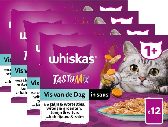 Whiskas 1+ Natvoer - Tasty Mix - Vis van de dag in saus - maaltijdzakjes 48 x 85 g