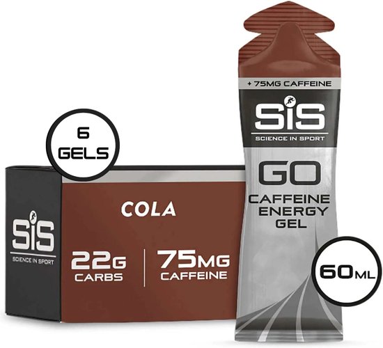 Doosje met 6 SiS GO cafeïne energiegels, cola smaak, 75mg cafeïne per stuk.