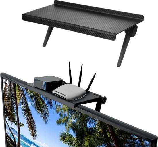 Wokii Verstelbaar TV-schermplankje – ABS, Zwart, Draagkracht 1 Kg, Voor Monitor Of Tv (opslag Voor Kleine Spullen)