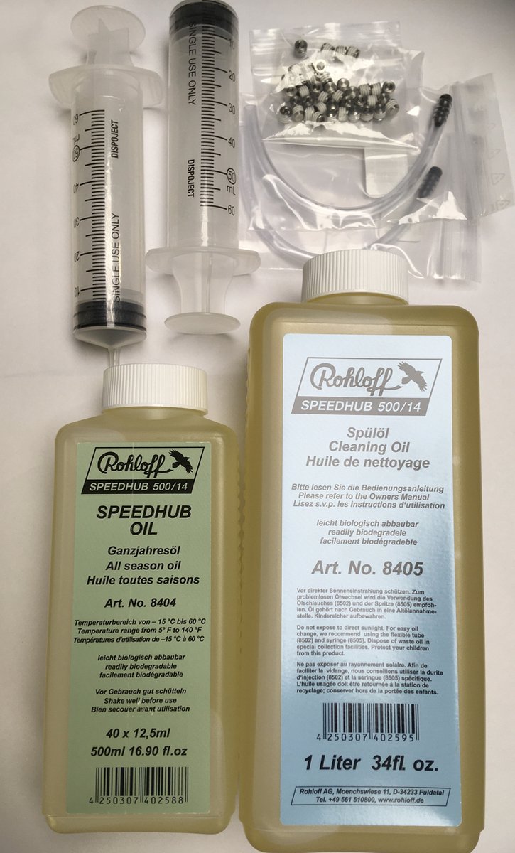 Rohloff 8406XL oliewisselset voor 40 oliewissels van Rohloff naaf (1l spoelolie + 0.5l gansjaarolie + 40 dichtingsschroeven + 2x 50ml spuit + 2x vuldarmpje)