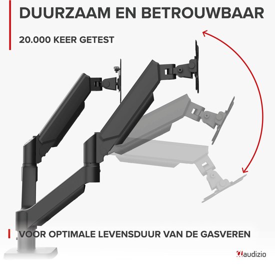 Zwarte Audizio monitorarm in verschillende posities, met tekst '20.000 keer getest'.