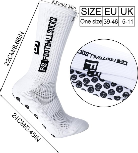 Chaussette de sport blanche mi-mollet, avec 'FS FOOTBALL SOCKS' et picots antidérapants. Dimensions visibles.