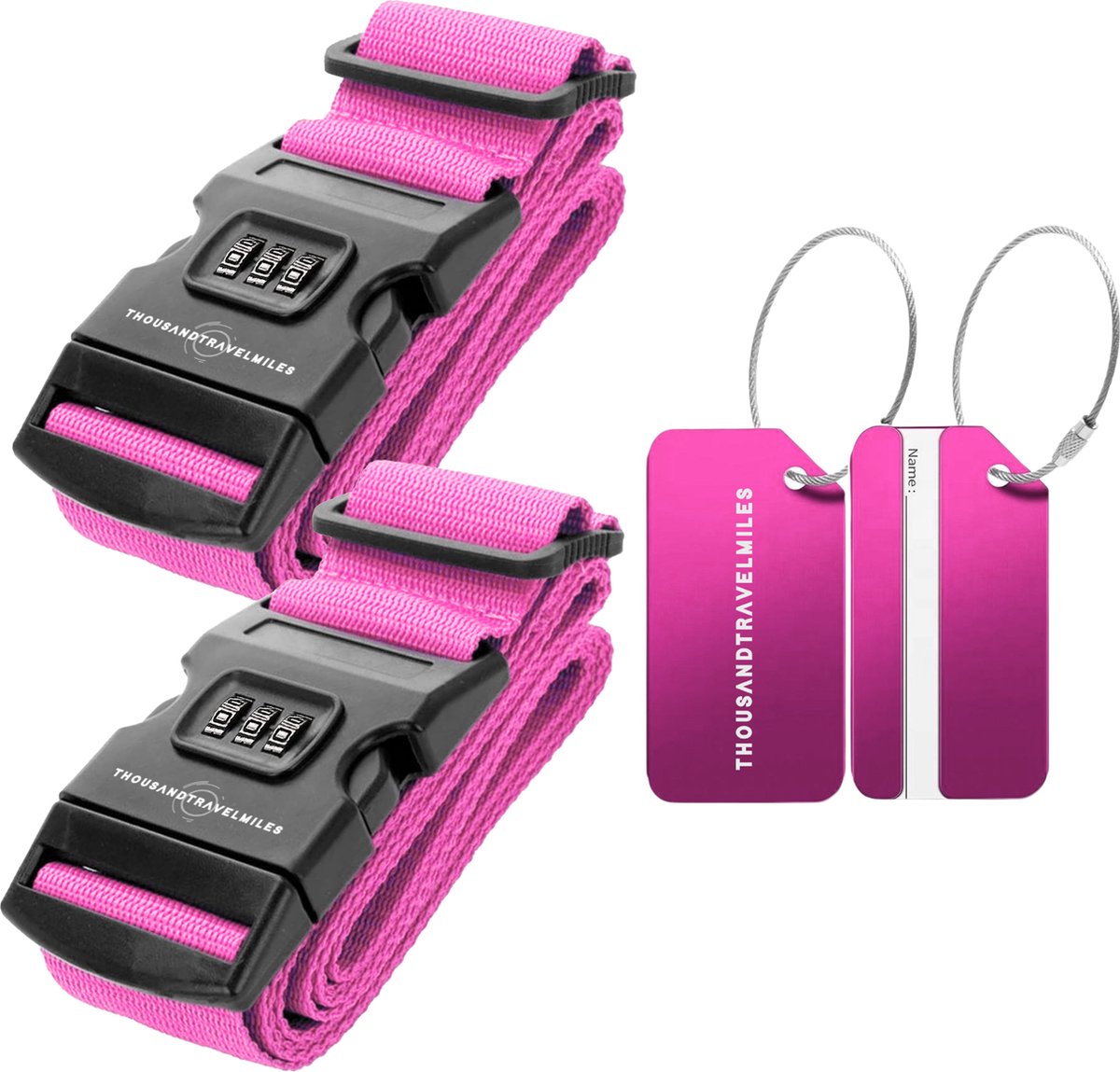 Bol.com Kofferset 4 delig – Kofferriem met cijferslot – Aluminium bagagelabels – Bagageriem – Kofferlabels – Roze – Thousandtrav... aanbieding