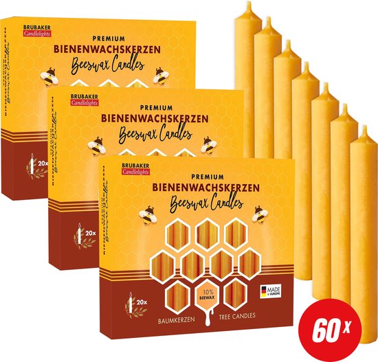 BRUBAKER 60 Stuks Boomkaarsen 100% Bijenwas - Kerstkaarsen - Piramidekaarsen - Kerstboomkaarsen - 95/12.5 mm – Kaarsen - Kaarsjes