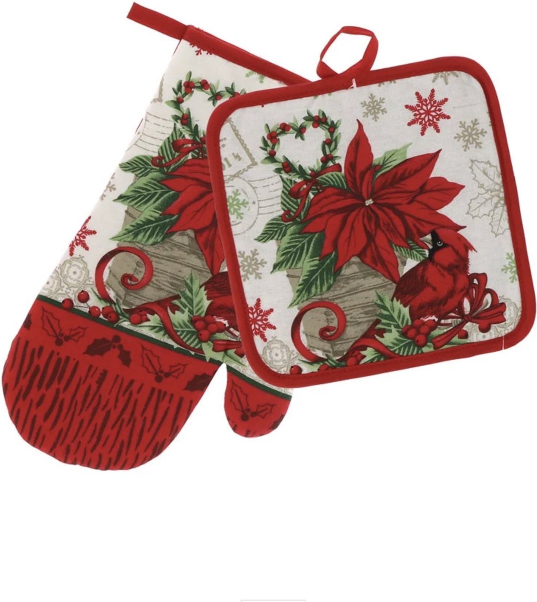 Bundel - Pannenlap en Ovenwant - Kerst - Keukenset - 2 delig - Jilly - Kerstbloem - Kerstroos - Rood