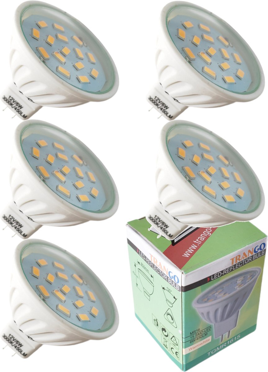 Trango Set van 5 LED lampen MR1615*5 dimbaar 6 Watt 450 lumen 12 Volt 3000K warm wit met MR16 I GU5.3 I G4 fitting ter vervanging van conventionele halogeenlamp, reflectorlamp, LED lampen